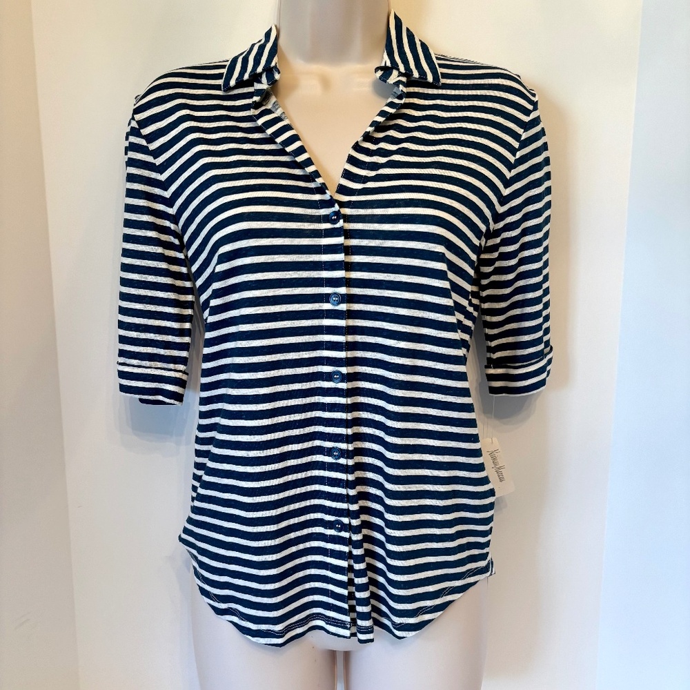 Majestic Filatures Deluxe Tee Shirt Button up Stretch Linen Size 1 Striped $295